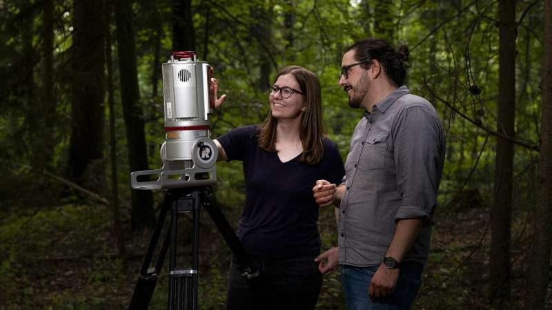Investigadores trabajan en un bosque con un escáner láser terrestre para medir la estructura de los árboles y estudiar cambios en la biomasa forestal.