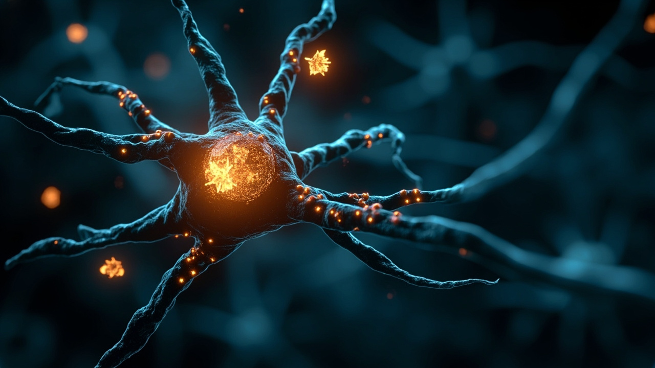 Imagen editorial generada por IA sobre Un receptor que aparece fuera de lugar en neuronas podría empujar etapas tempranas del Alzheimer.