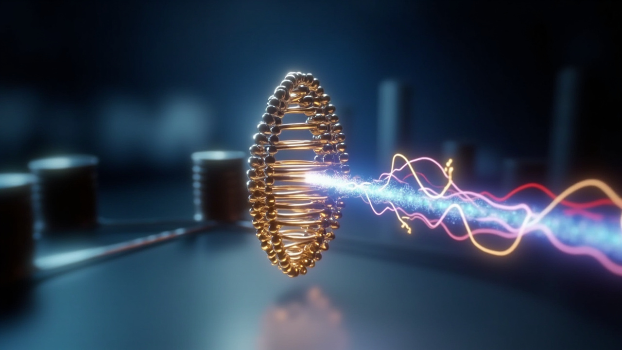 Ilustración editorial de una molécula helicoidal entre dos electrodos, atravesada por una corriente eléctrica.