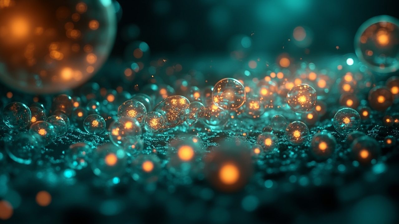 Ilustración abstracta de partículas y esferas luminosas que evoca procesos celulares.