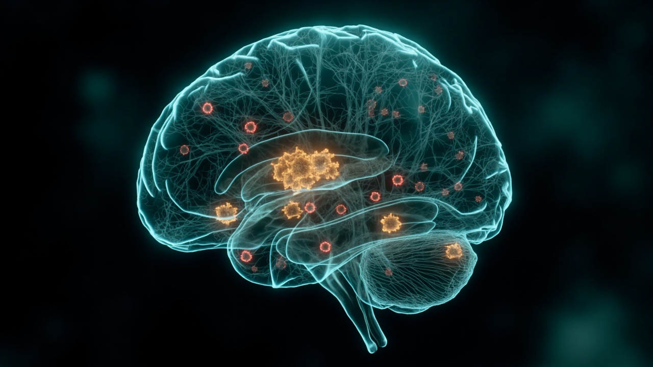 Ilustración editorial de un cerebro con células y señales luminosas que representan interacciones neuroinmunitarias.