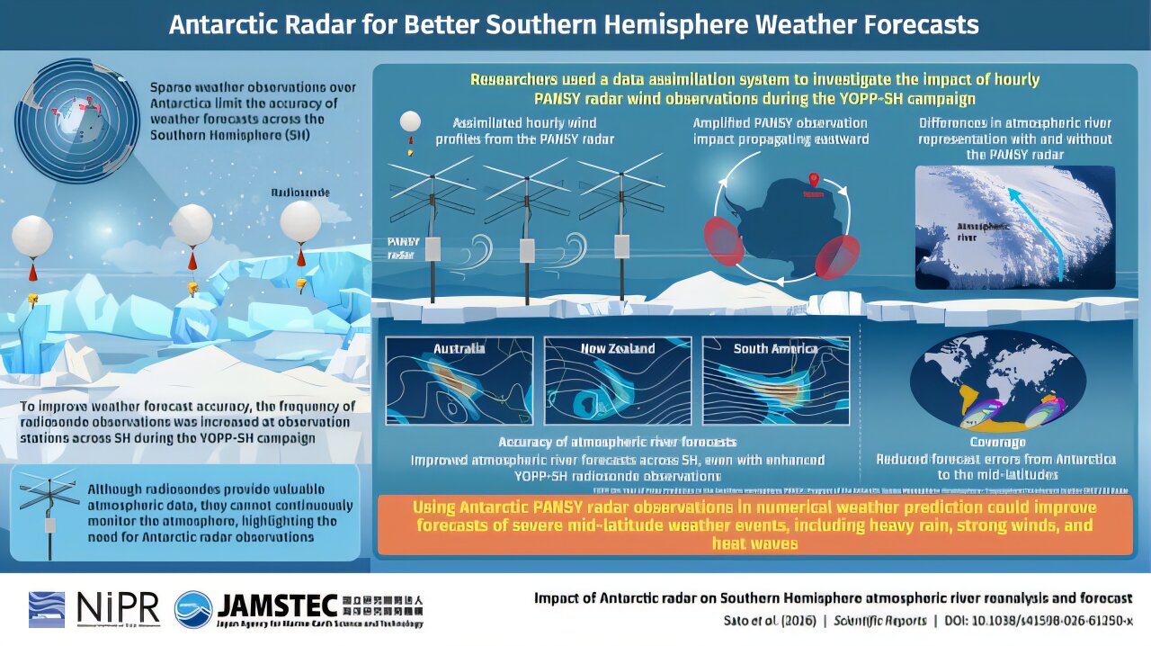 Infografía sobre el radar PANSY en la Antártida y su uso para mejorar pronósticos de ríos atmosféricos del hemisferio sur.
