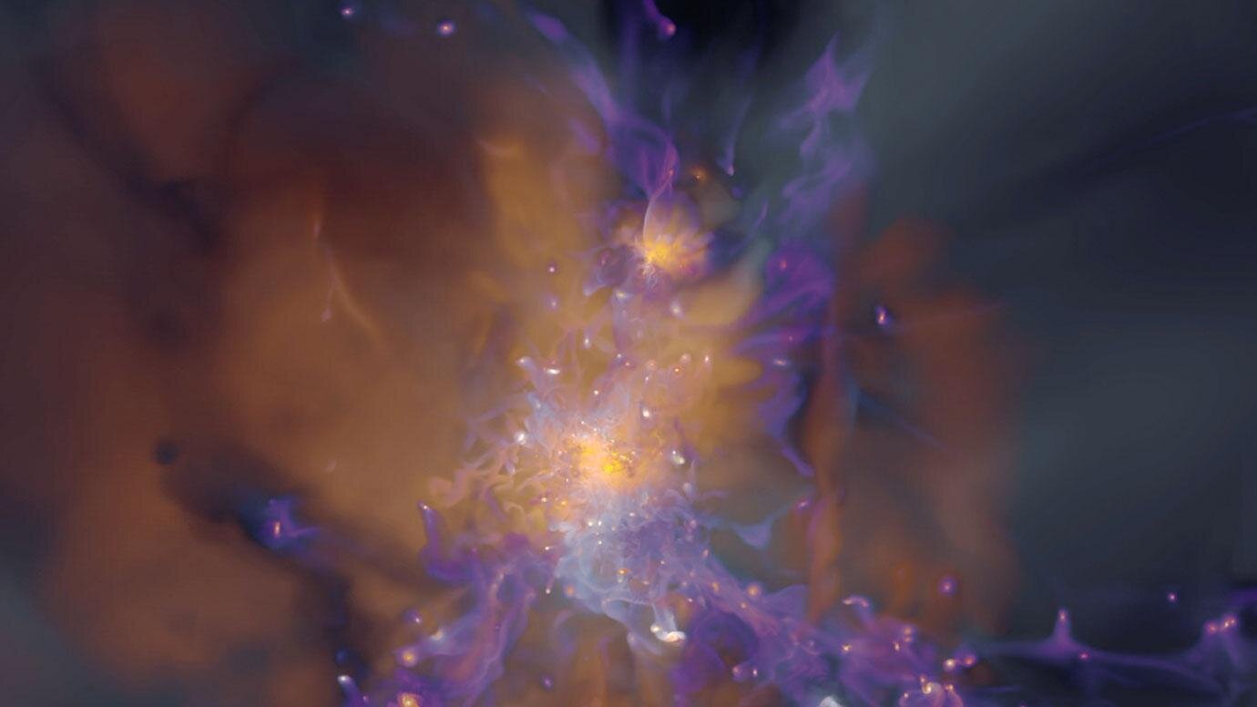 Visualización de una simulación del entorno que formaría una galaxia similar a la Vía Láctea, con gas caliente, radiación ultravioleta y oxígeno ionizado.