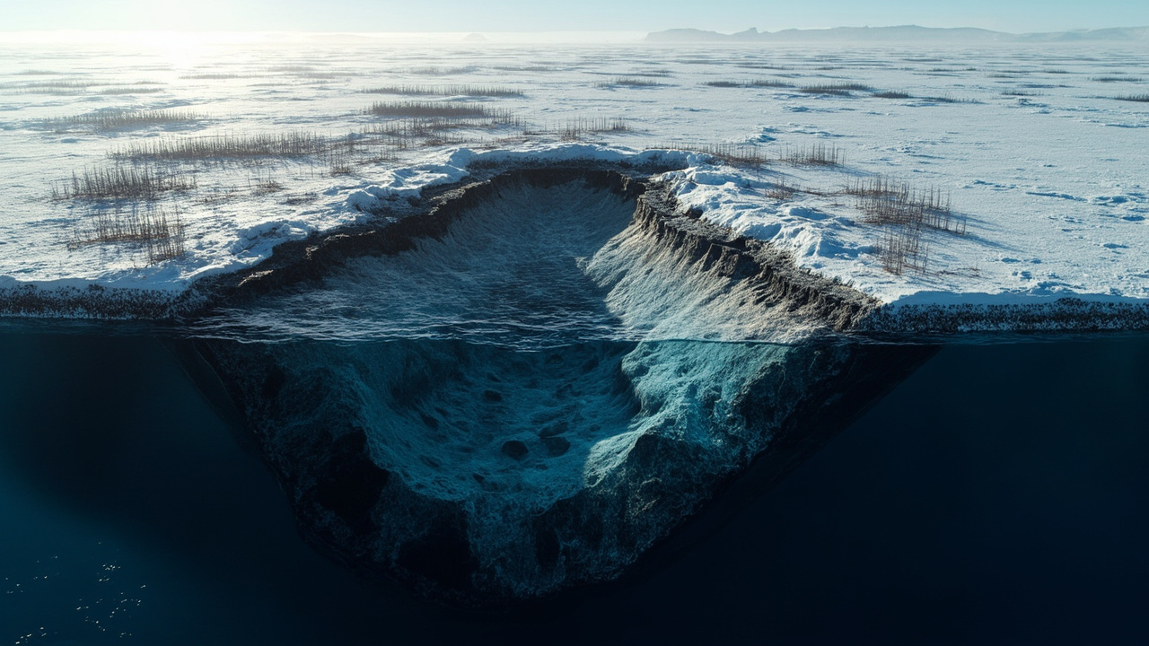 Ilustración editorial de una grieta en suelo helado junto a agua oscura, evocando cambios en el permafrost y el océano.