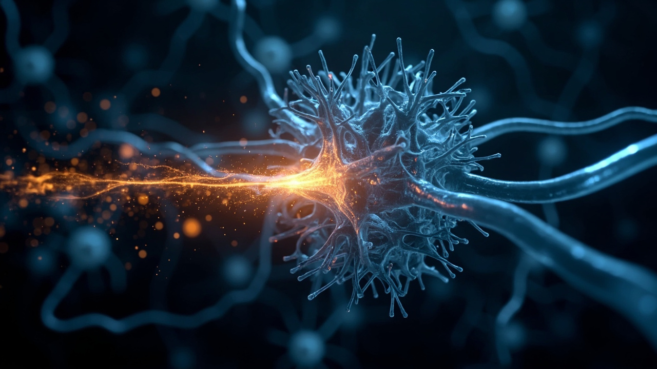 Ilustración generada por IA de una neurona, usada como referencia visual para un estudio sobre memoria y atención.