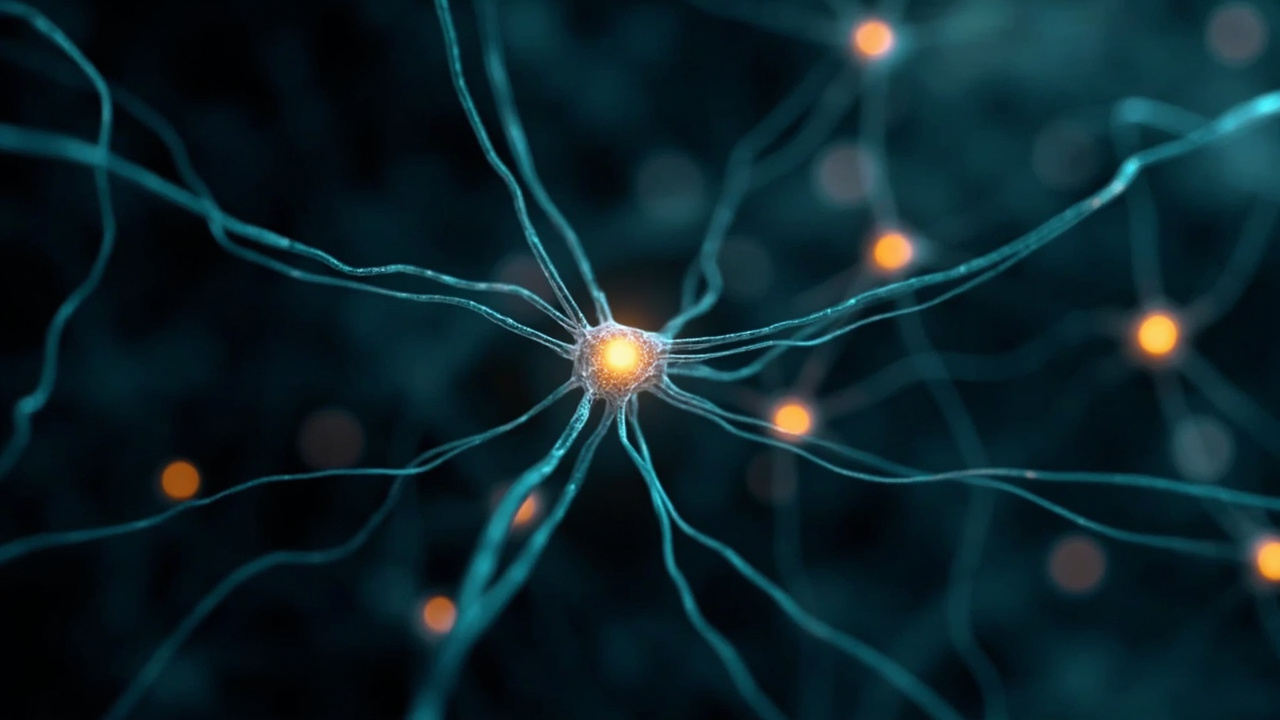Ilustración generada por IA de una neurona con prolongaciones luminosas sobre fondo oscuro.