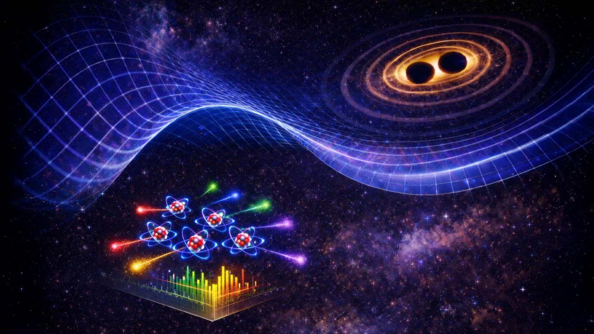 Ilustración asociada a la idea de que una onda gravitacional altere sutilmente la luz emitida por un átomo