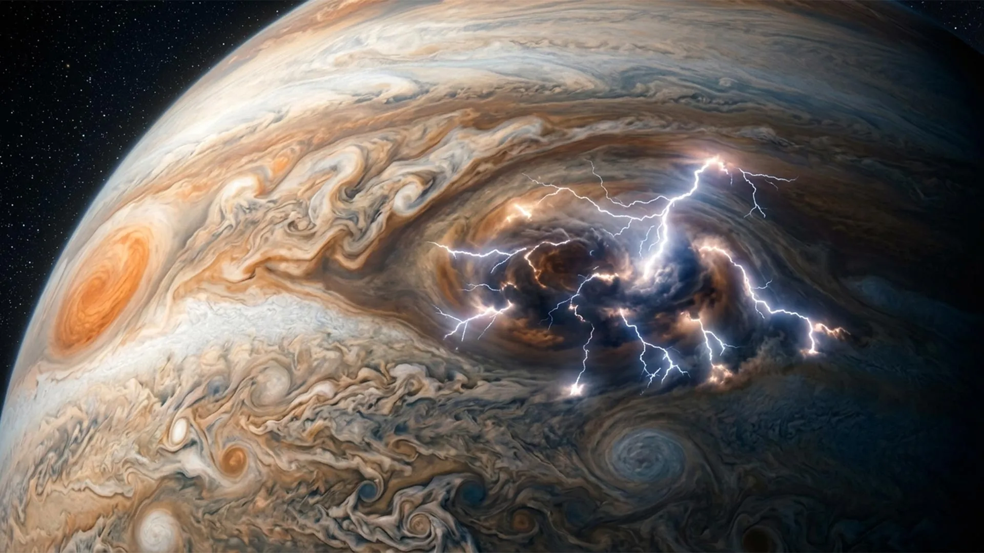 Ilustración editorial original con el título “Los rayos de Júpiter podrían ser hasta cien veces más potentes que los de la Tierra” y una composición abstracta asociada a Astronomía Y Espacio.