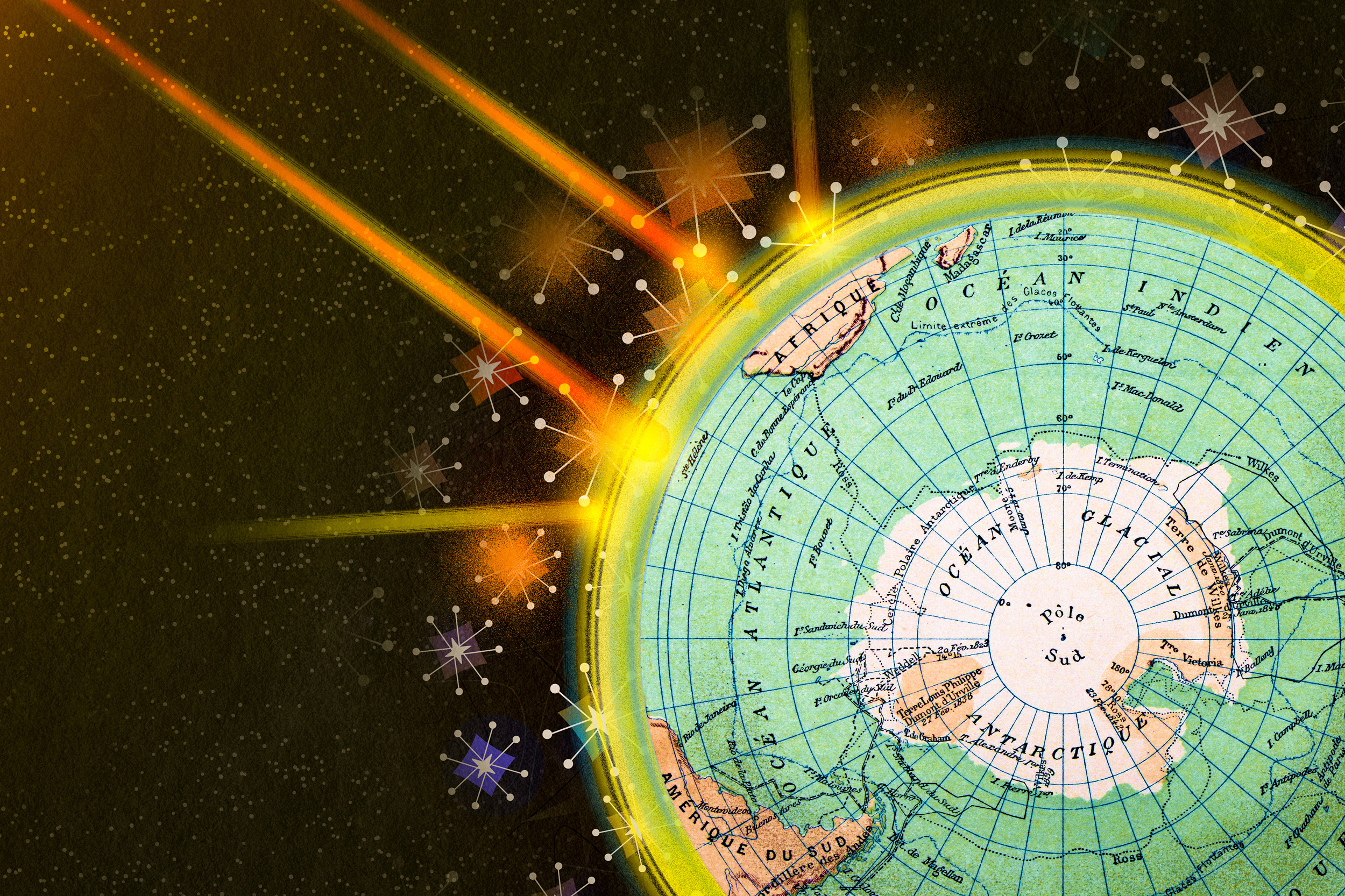 Ilustración de la atmósfera sobre la Antártida con rayos solares y un mapa polar