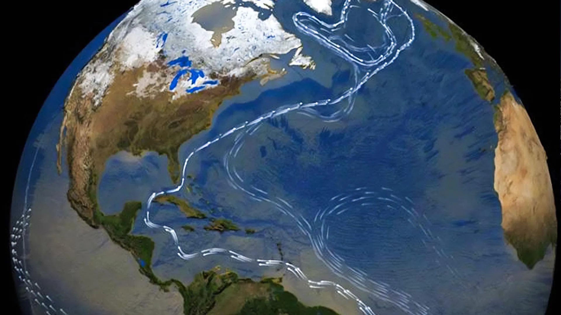 Vista satelital del Atlántico Norte usada para ilustrar cambios en la circulación oceánica de la región