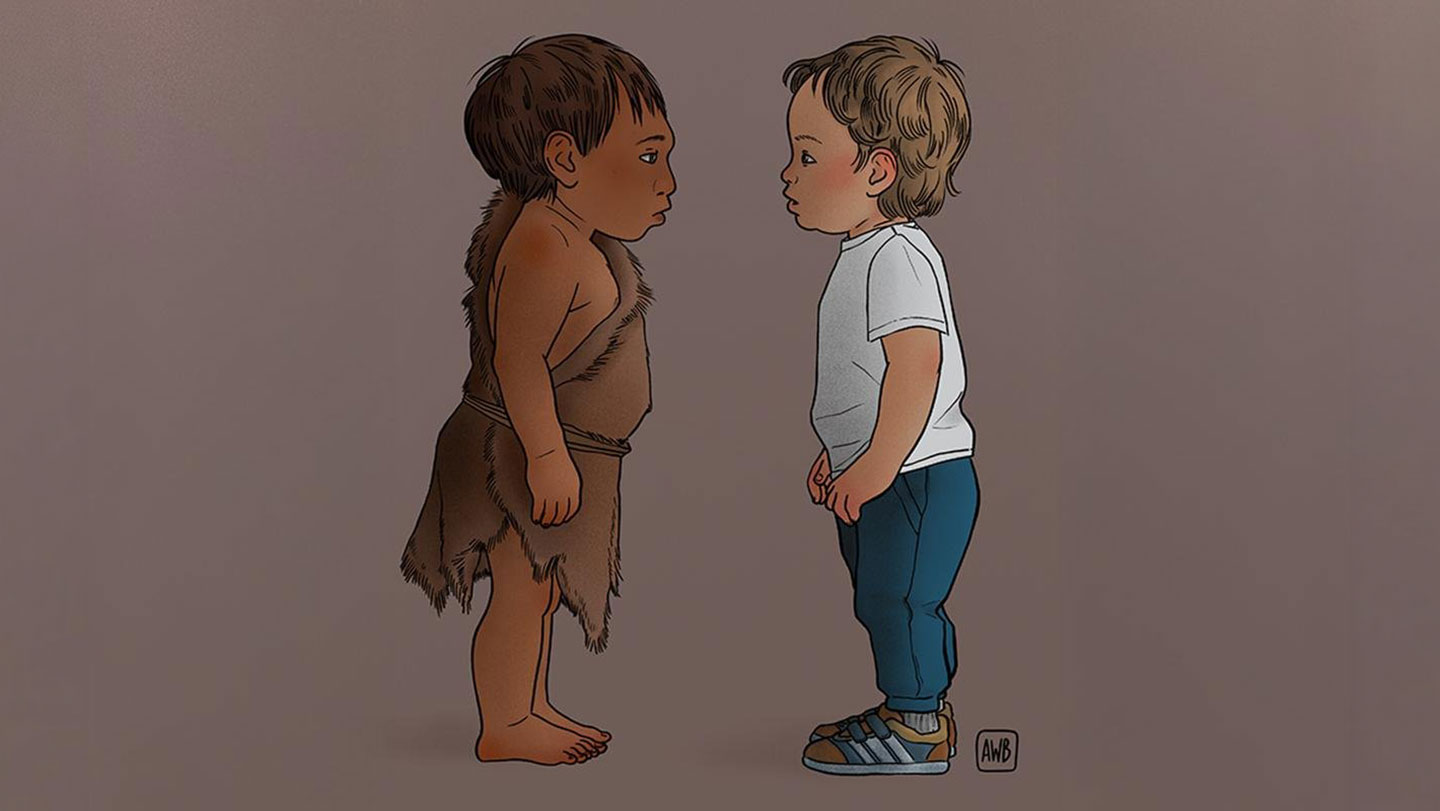 Reconstrucción artística de una mujer neandertal con una cría, usada por Science News para ilustrar la nota sobre crecimiento infantil