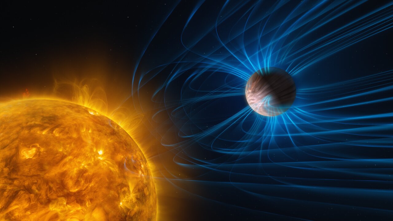 Ilustración de un exoplaneta gigante muy caliente rodeado por un halo brillante que sugiere su campo magnético