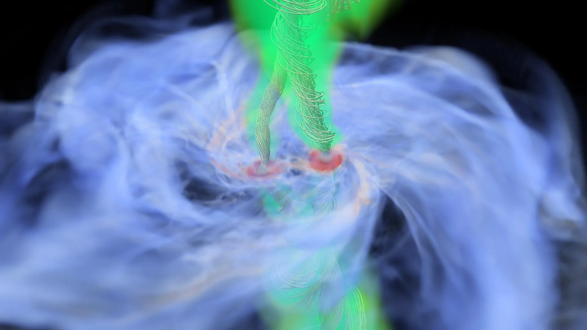 Visualización de flujos de gas alrededor de dos protoestrellas con regiones en rojo, azul y verde