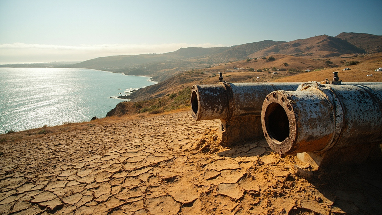Imagen editorial generada por IA sobre En Santa Cruz, el cambio climático podría duplicar las facturas de agua hacia mitad de siglo.