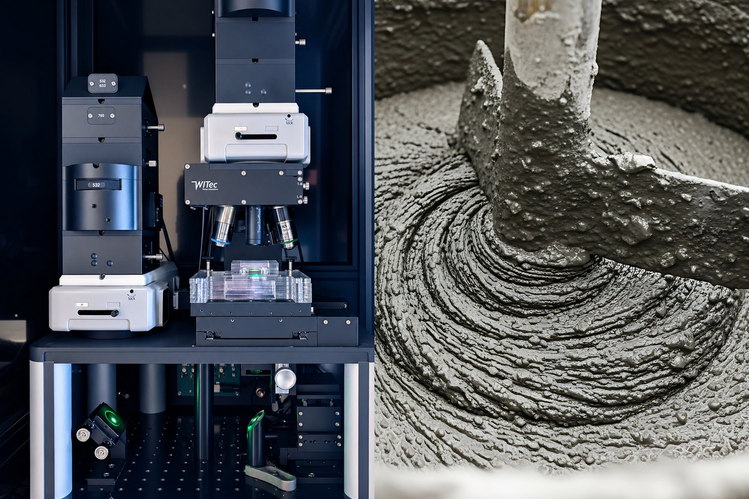 Muestra de pasta de cemento junto a un microscopio Raman usado para seguir sus cambios químicos
