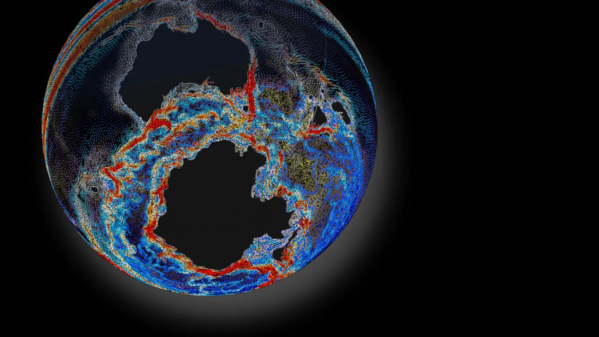 Representación de la Corriente Circumpolar Antártica rodeando el continente y conectando los grandes océanos del sur.