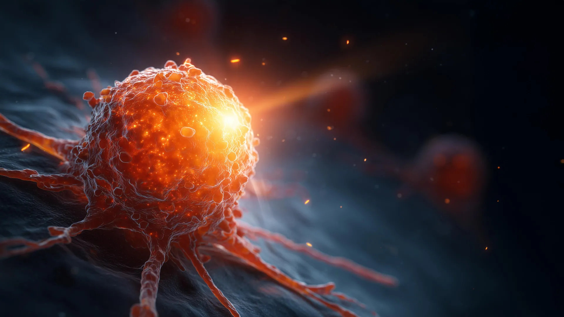 Ilustración de una célula cancerosa brillante usada para acompañar una nota sobre el fármaco daraxonrasib contra cáncer de páncreas
