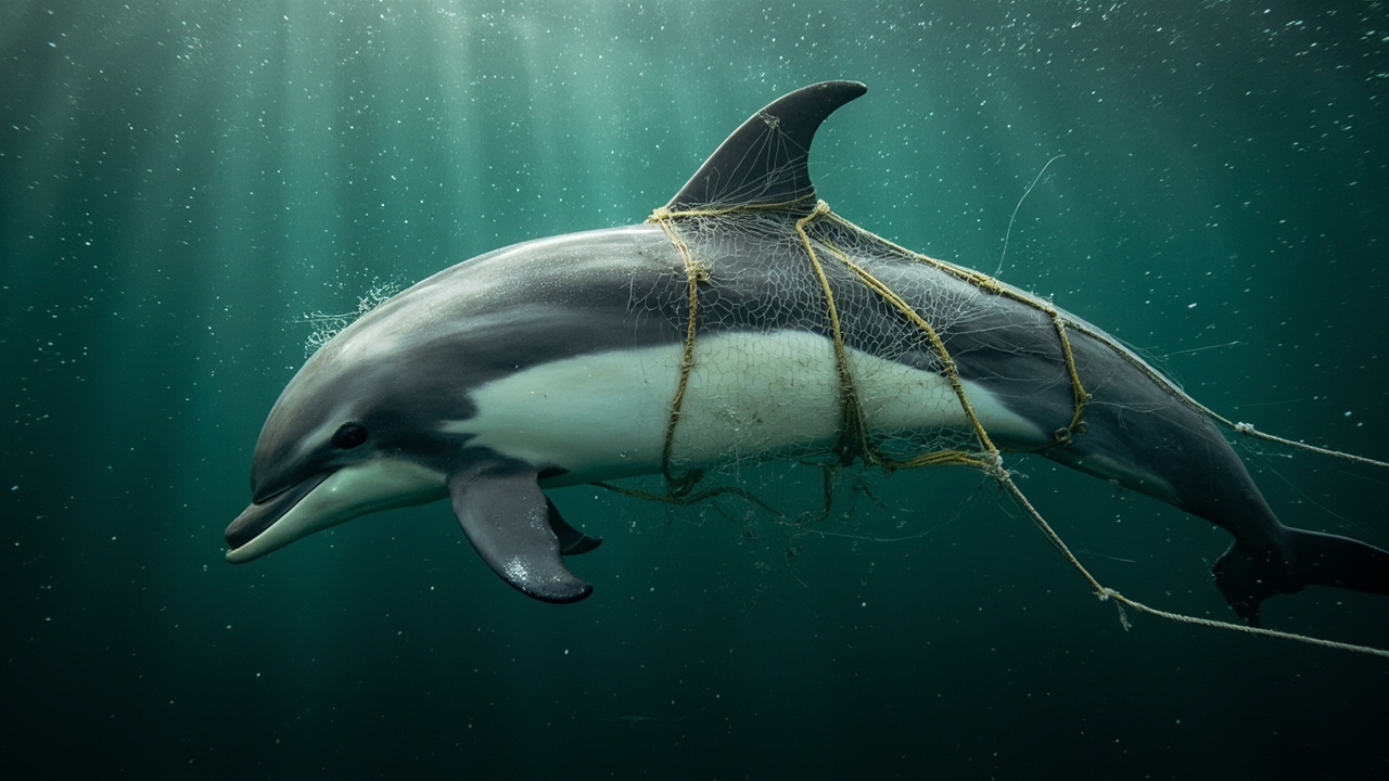 Imagen editorial generada por IA sobre Las redes de pesca siguen siendo la principal causa de muerte de delfines varados en Cornwall.