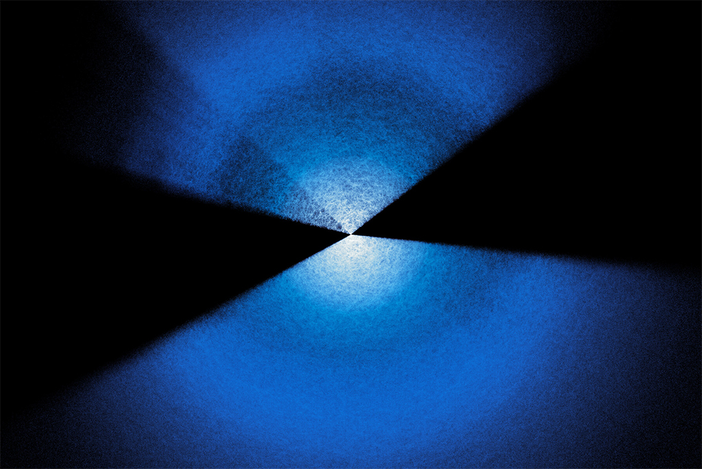 Mapa tridimensional de galaxias de DESI con abanicos de puntos azules y blancos sobre fondo negro