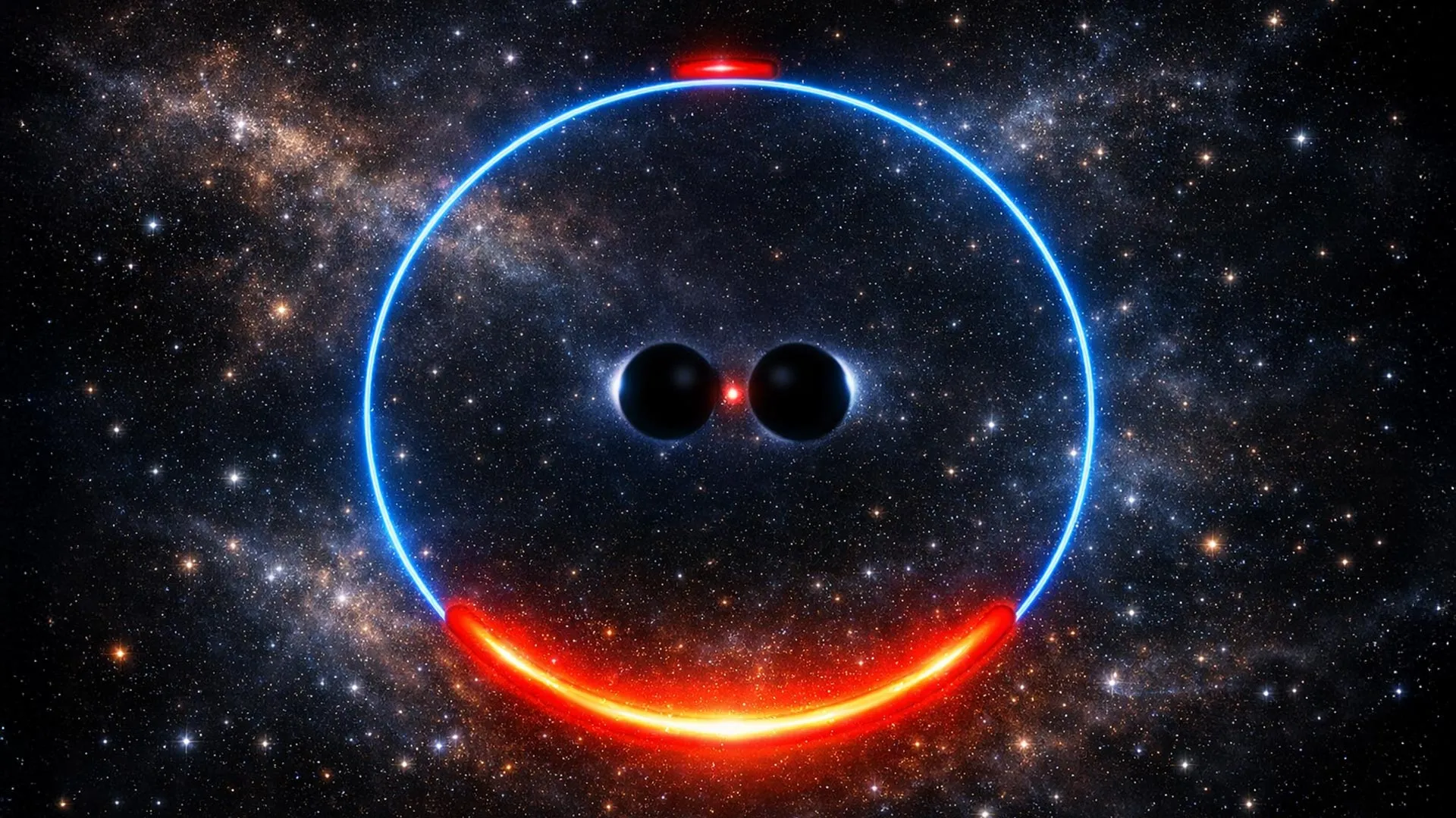 Ilustración de la luz de una estrella magnificada por un par de agujeros negros supermasivos