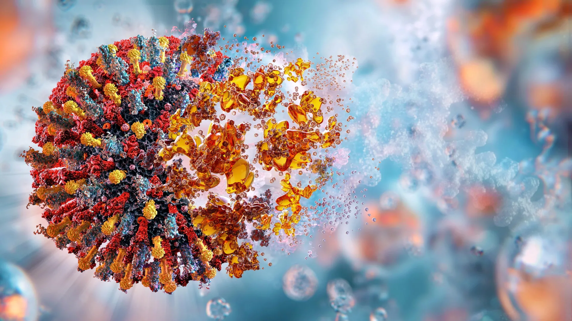 Ilustración editorial original con el título “Hallan un punto débil compartido por enterovirus que podría orientar antivirales más amplios” y una composición abstracta asociada a Medicina.