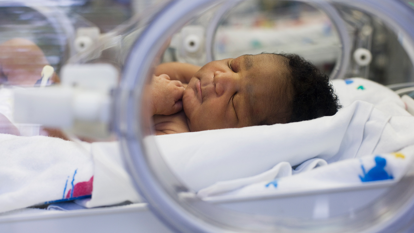 Bebé prematuro acostado en una cama de cuidados intensivos neonatales con barreras transparentes.
