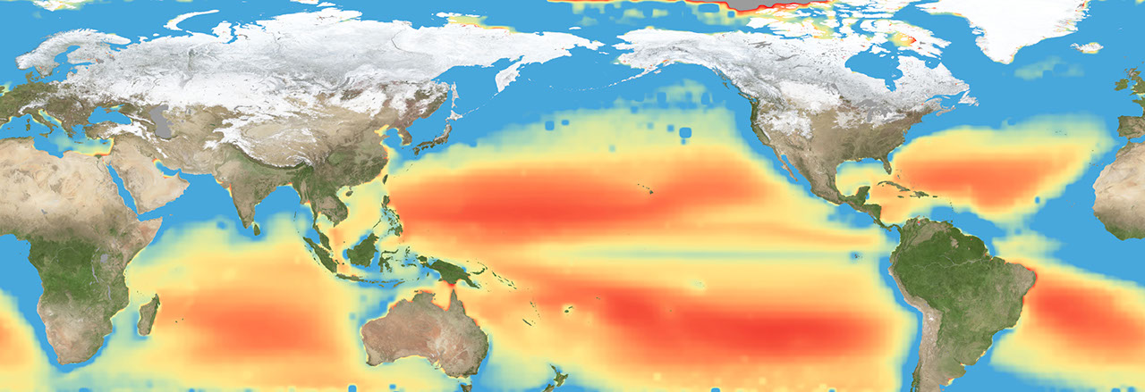 Mapa global del océano con zonas en rojo que indican mayor estrés nutricional del plancton