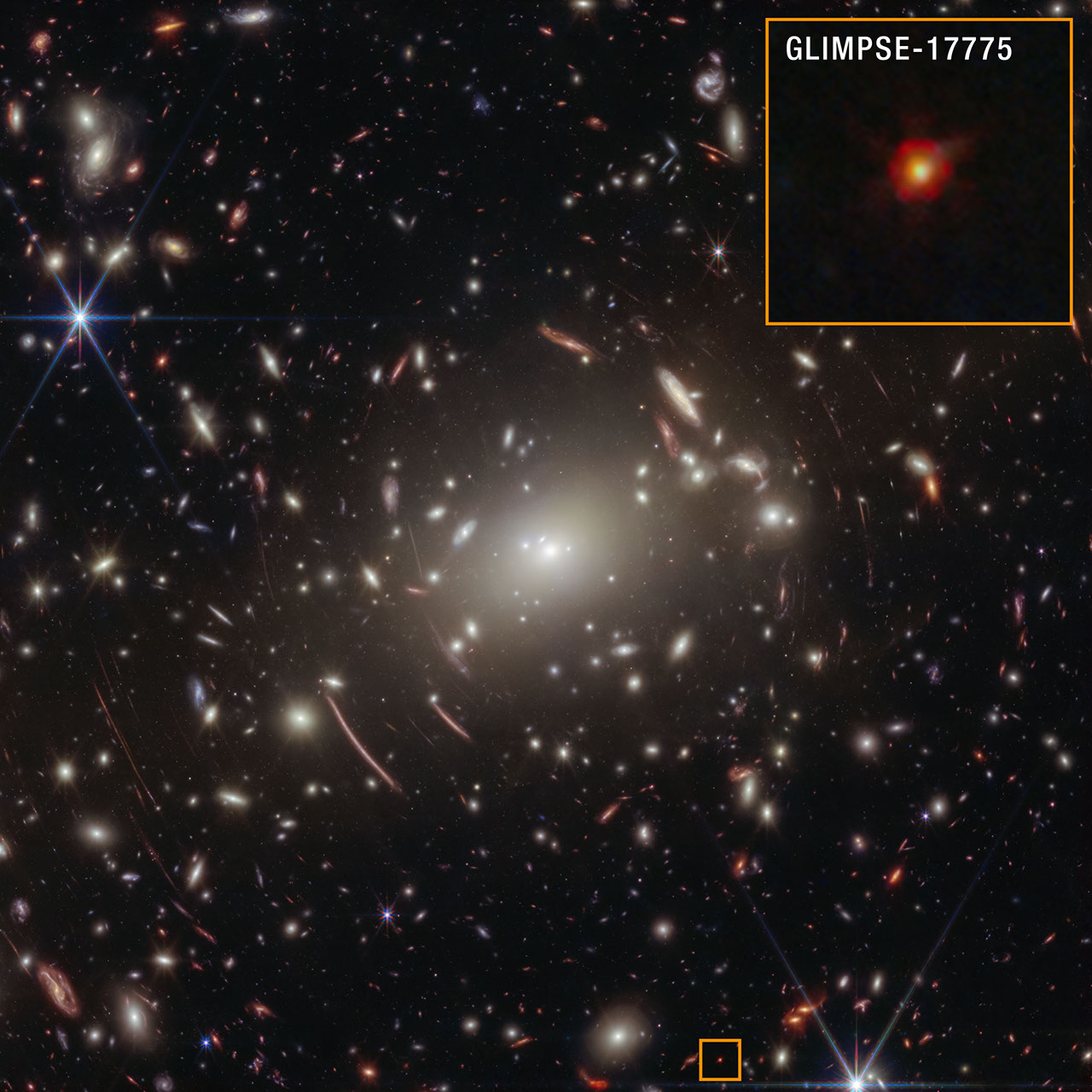 Imagen del cúmulo Abell S1063 con un recuadro que marca a GLIMPSE-17775, una little red dot observada por Webb en el universo temprano