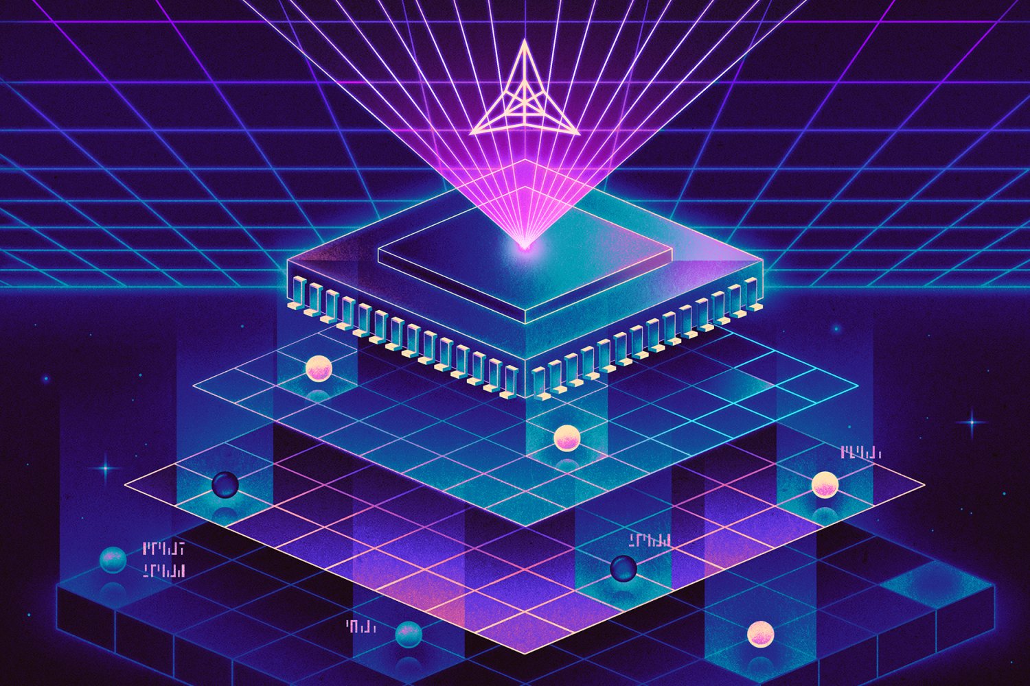 Ilustración abstracta de un chip de computadora dividido en capas, usada para representar el estudio de la microarquitectura del Apple M1