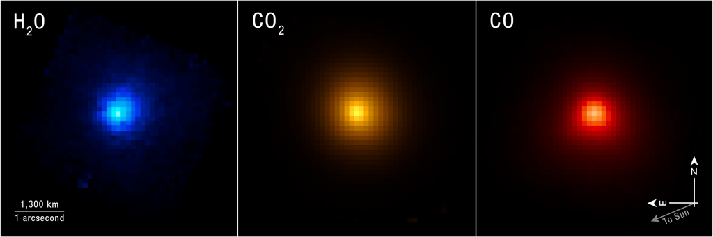 Tres imágenes científicas que muestran la distribución de H2O, CO2 y CO en la galaxia Ojo Negro, destacando diferentes colores para cada molécula.