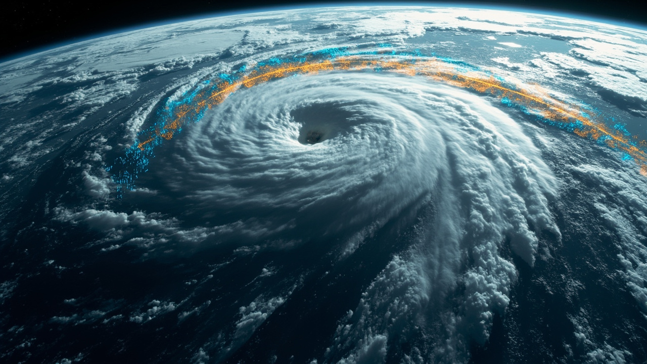 Imagen editorial generada por IA sobre Una IA mejora el pronóstico de ciclones tropicales y gana tiempo de aviso.