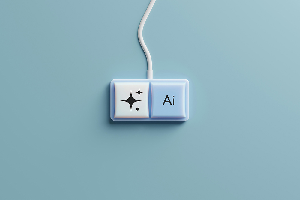 Mouse de computadora con un boton rotulado AI, usado como ilustración de una nota sobre dependencia de chatbots para verificar noticias
