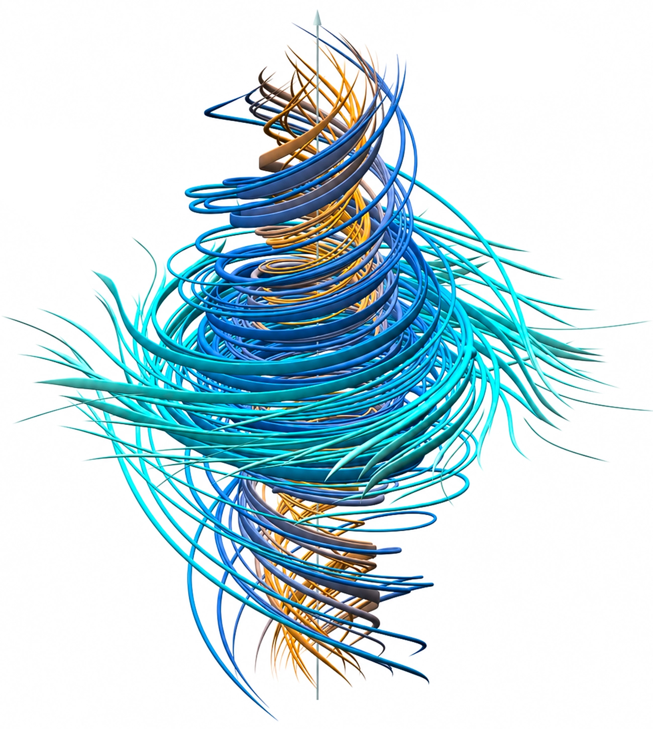 Ilustración tridimensional de un vórtice turbulento formado por líneas azules, turquesas y amarillas.