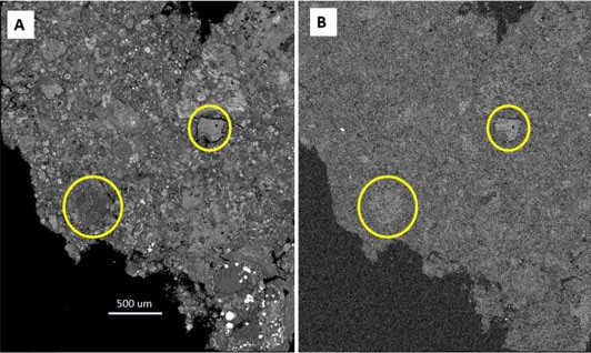 Microimágenes del meteorito Hillsborough que comparan su estructura interna con un mapa elemental donde se destacan zonas enriquecidas en sodio.