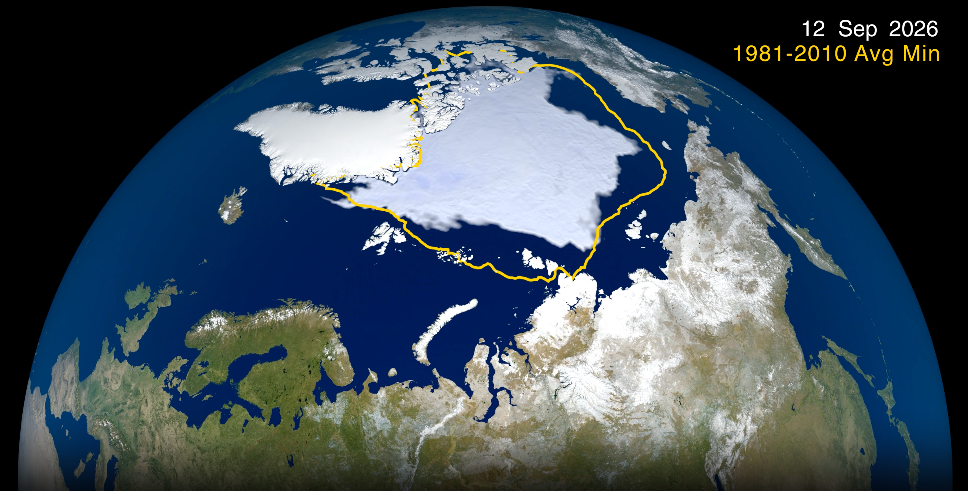 Mapa satelital del Ártico del 12 de septiembre de 2026, con la extensión del hielo marino y el contorno del promedio mínimo de 1981 a 2010.