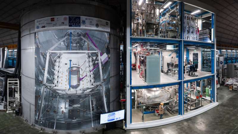 Vista del detector de partículas XENONnT en el laboratorio subterráneo de Gran Sasso, diseñado para registrar señales extremadamente débiles.