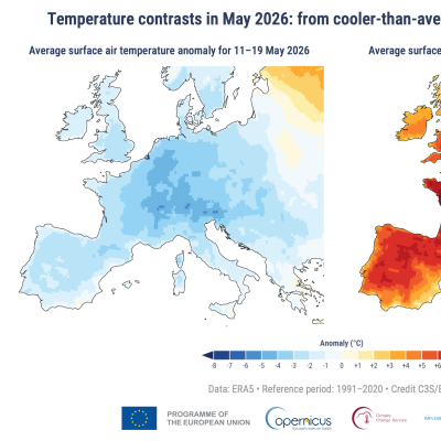 Mapa de Europa occidental con anomalías de temperatura durante la ola de calor de fines de mayo de 2026