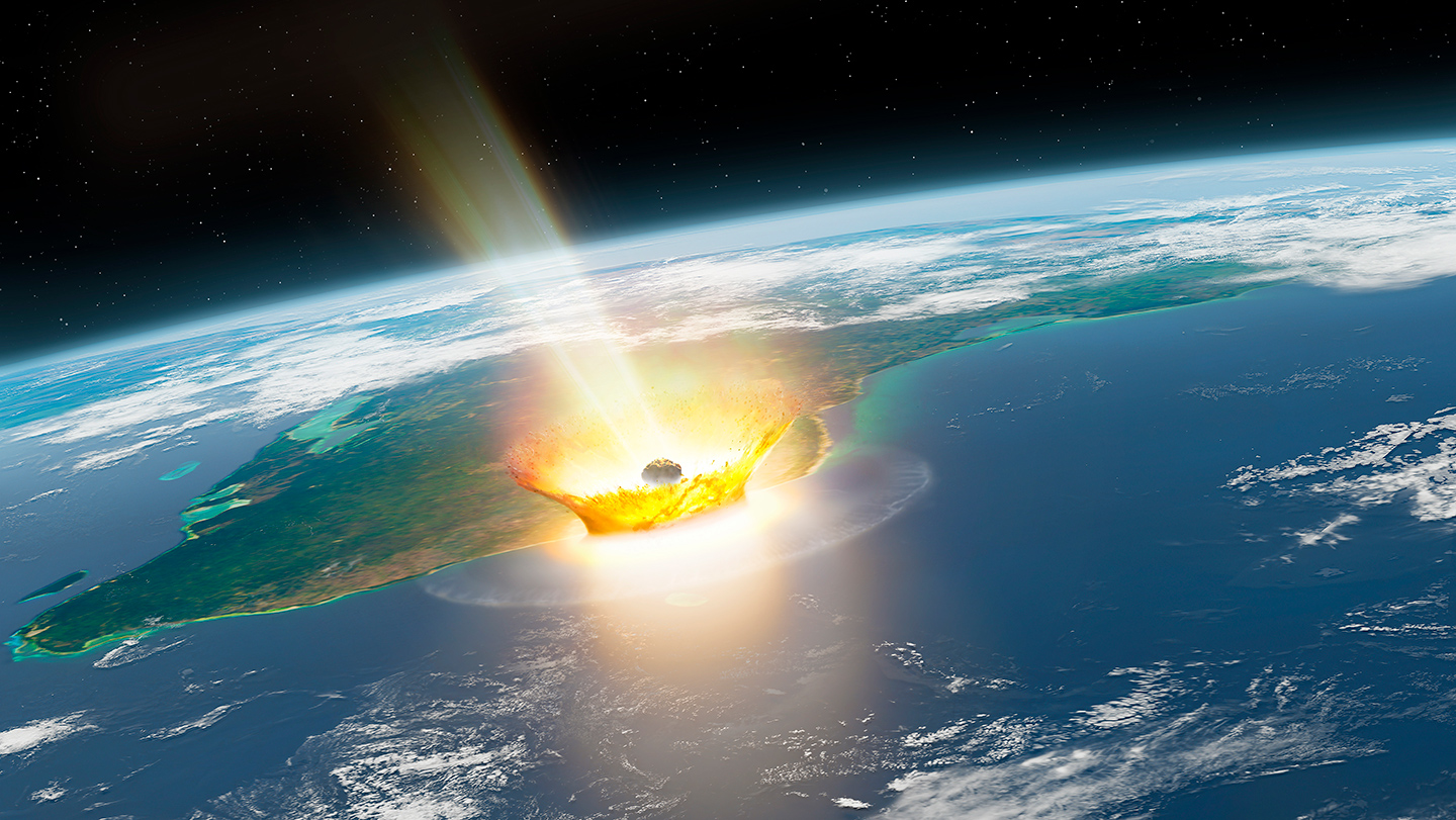 Ilustración de un gran asteroide impactando la Tierra y generando una explosión de fuego.