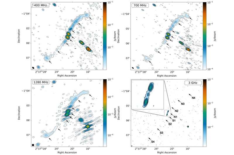 Cuatro mapas de radio de J023721.13−010528.5 a distintas frecuencias, con contornos de emisión alrededor de la galaxia.