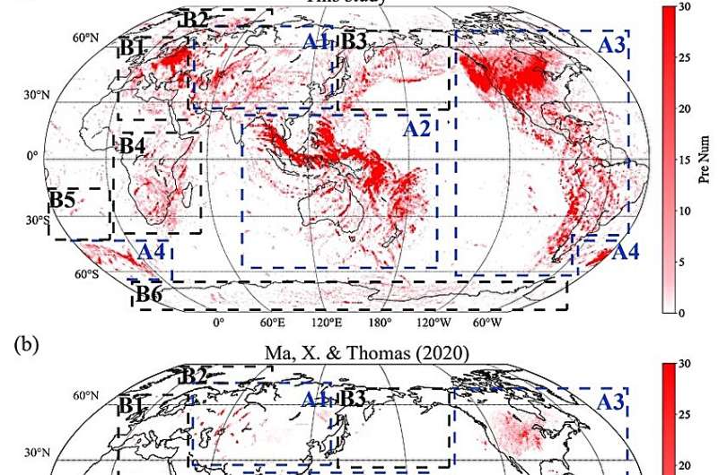 Mapa global que muestra los puntos de entrada y salida de ondas sísmicas PKIKP en el límite núcleo-manto terrestre, con distribución mundial de estaciones sísmicas.