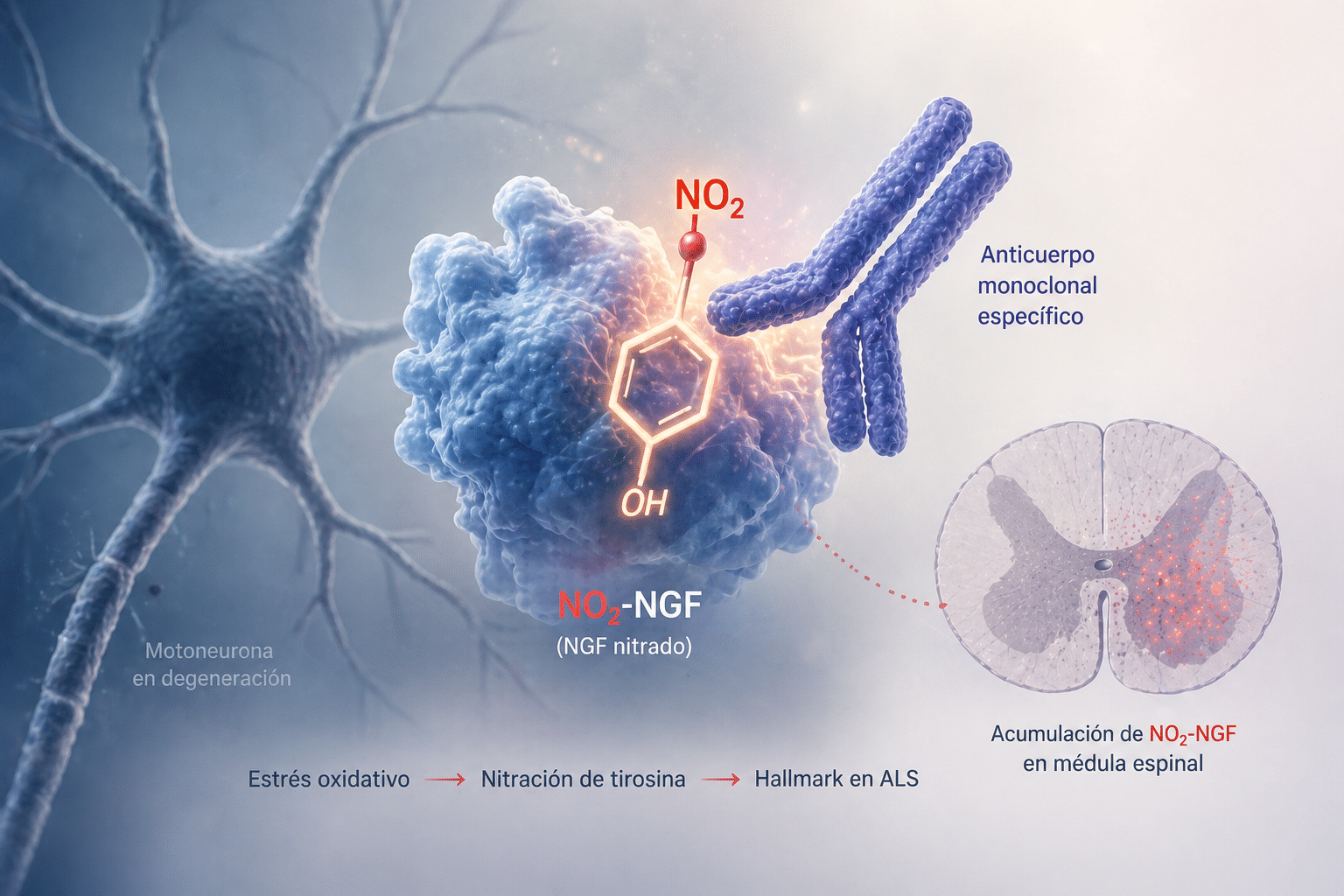 Ilustración científica de la proteína NGF nitrada usada por el Institut Pasteur de Montevideo para acompanar una nota sobre ELA