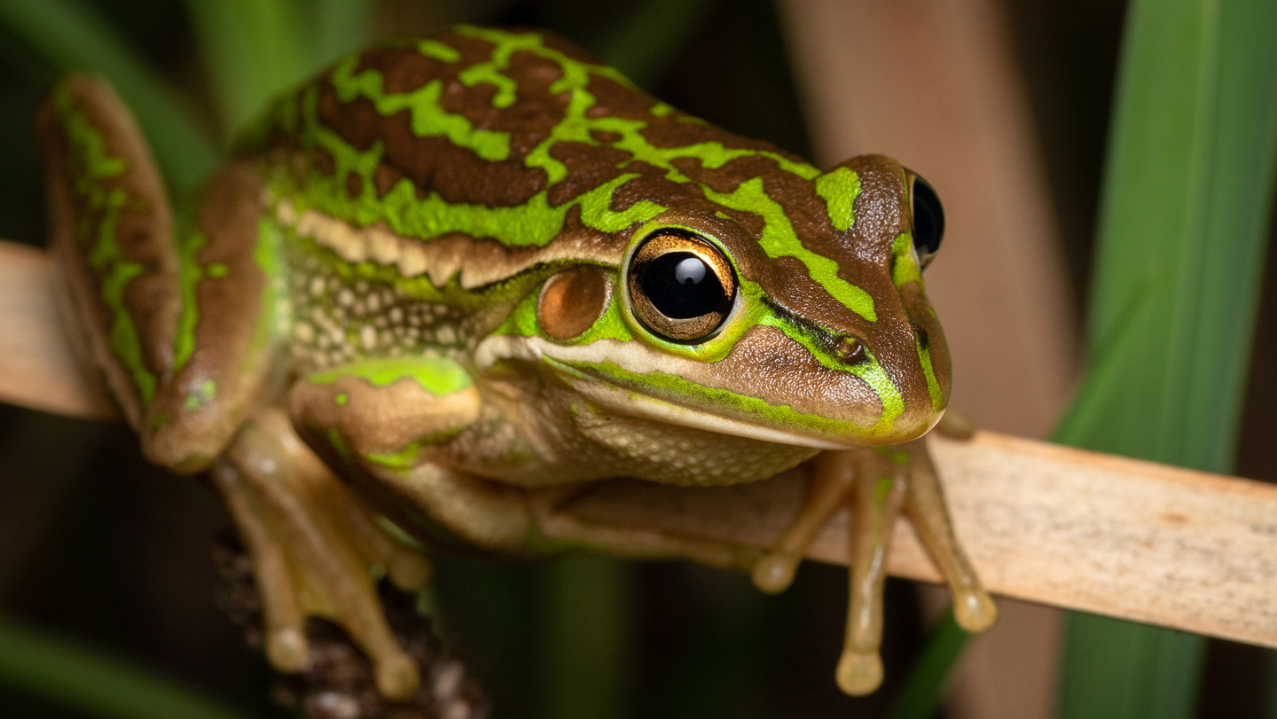 Primer plano de una rana campana verde y dorada, la especie analizada en el estudio sobre terapia térmica y fertilidad.
