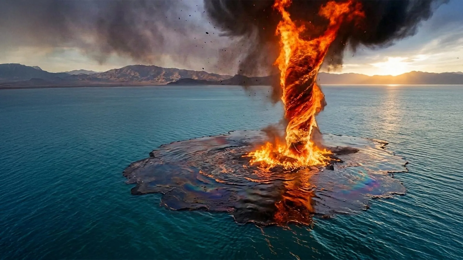 Columna giratoria de fuego usada en un experimento para quemar petróleo derramado